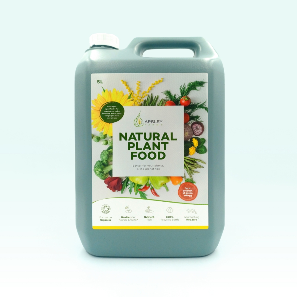 Apsley Farms Natural plant food container with branded labels produced by Premier Labels UK
